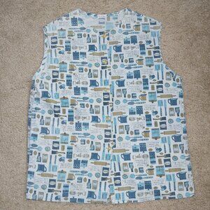 Blue Kitchen Pattern Vintage Sleeveless Button Up Top